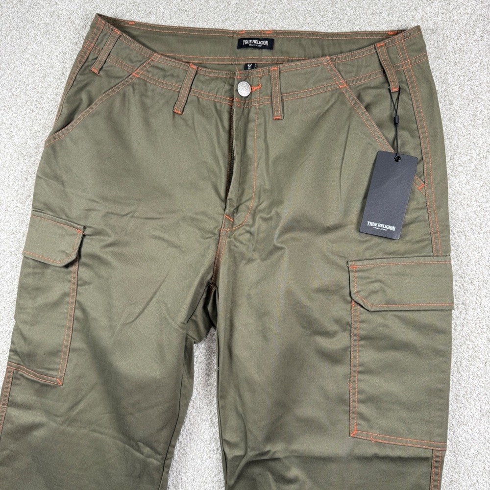 True Religion Cargo Pants Men 36 Green Orange Contrast Stitch 108335